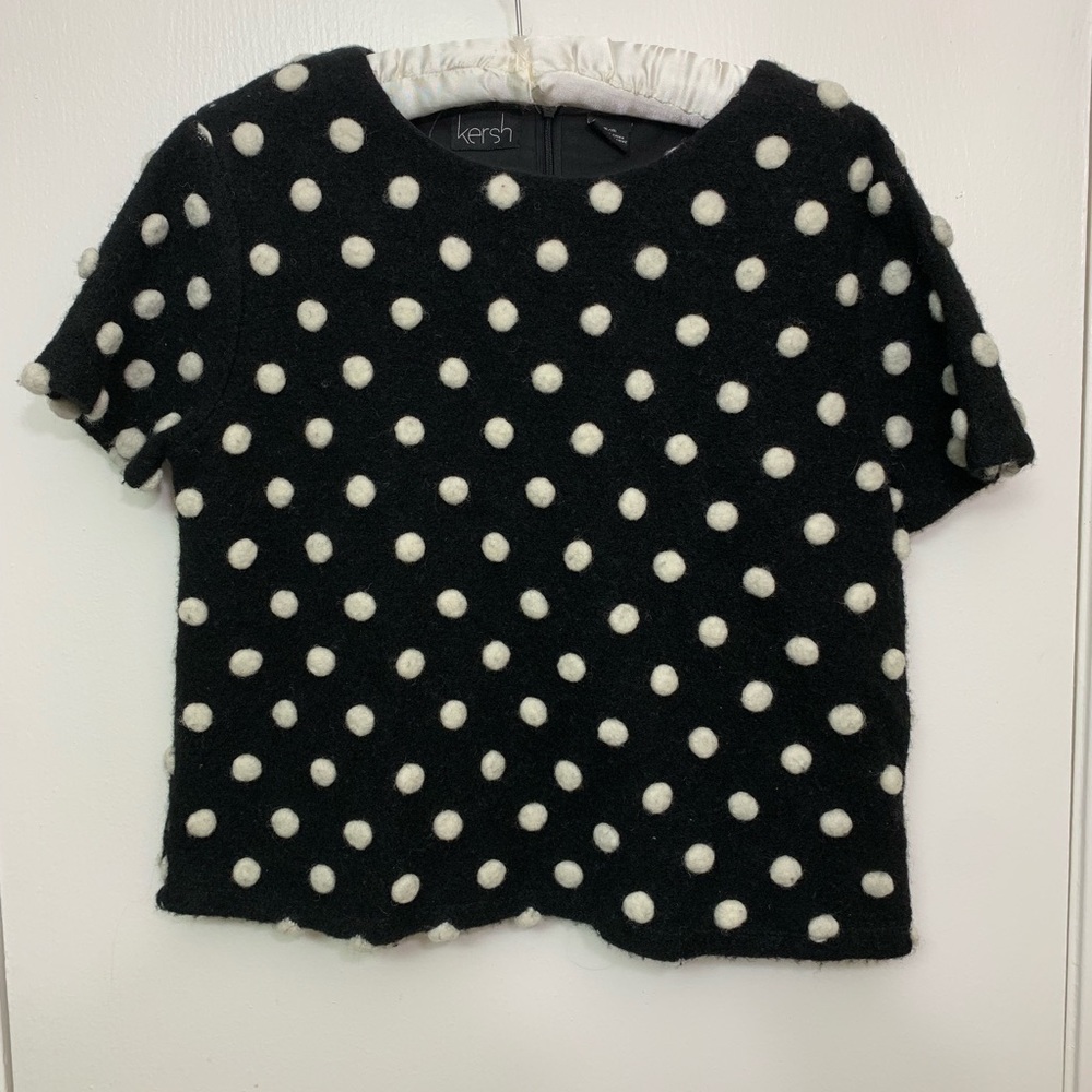 Black & White Wool Blend Pompom Crop Top